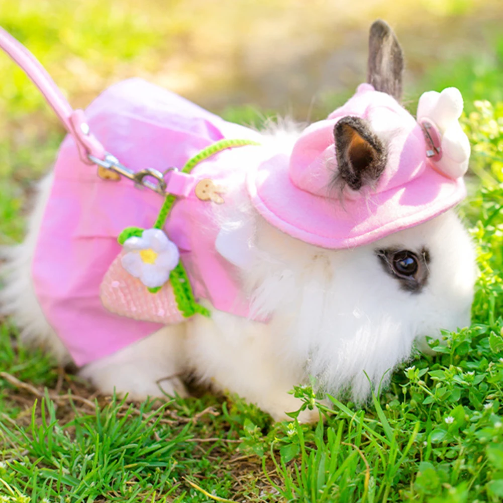 Rabbit Harness And Leash Set Rabbit Harness Set Cute Bunny Pet Vest Accessories Outdoor Leash Rabbit Clothes with Bag Hat Harness Strap Leash Dress Clothes for Guinea Pig