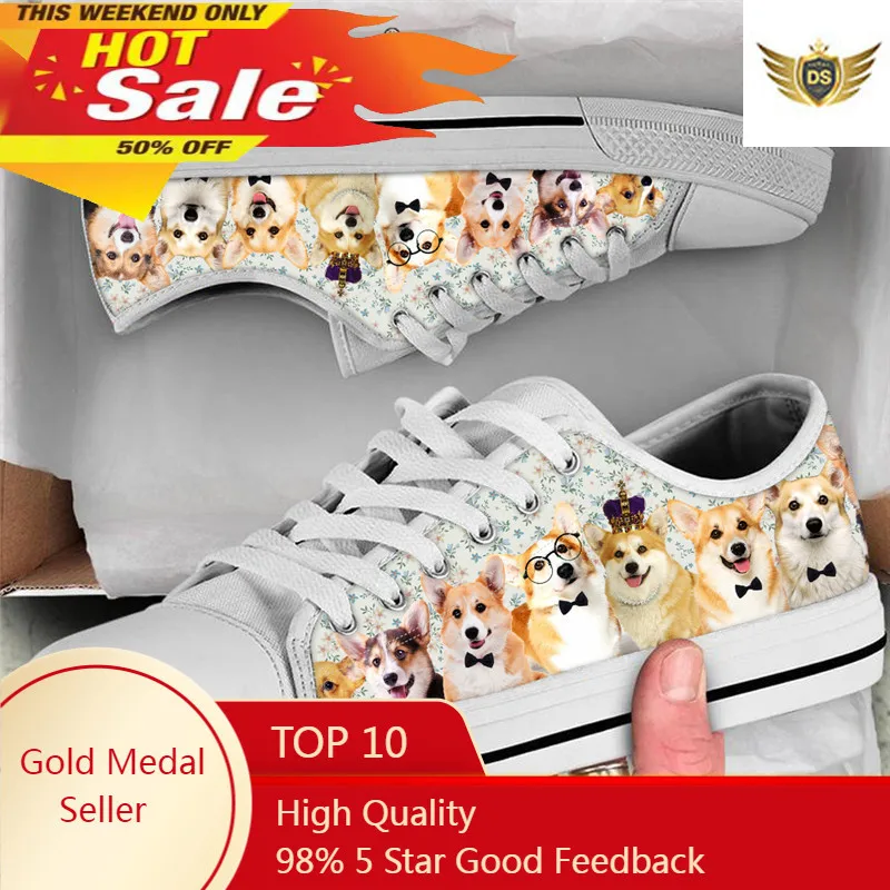 Women White Classic Canvas Shoes Cute Corgi Pattern Casual Flats All-match  Autumn Girl Low Top Sneakers