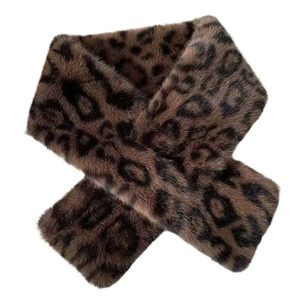 Thicken Warm Leopard Print Scarf Soft Faux Rabbit Fur Faux Fur Scarf Windproof Faux Collar Cross Scarf Winter Season