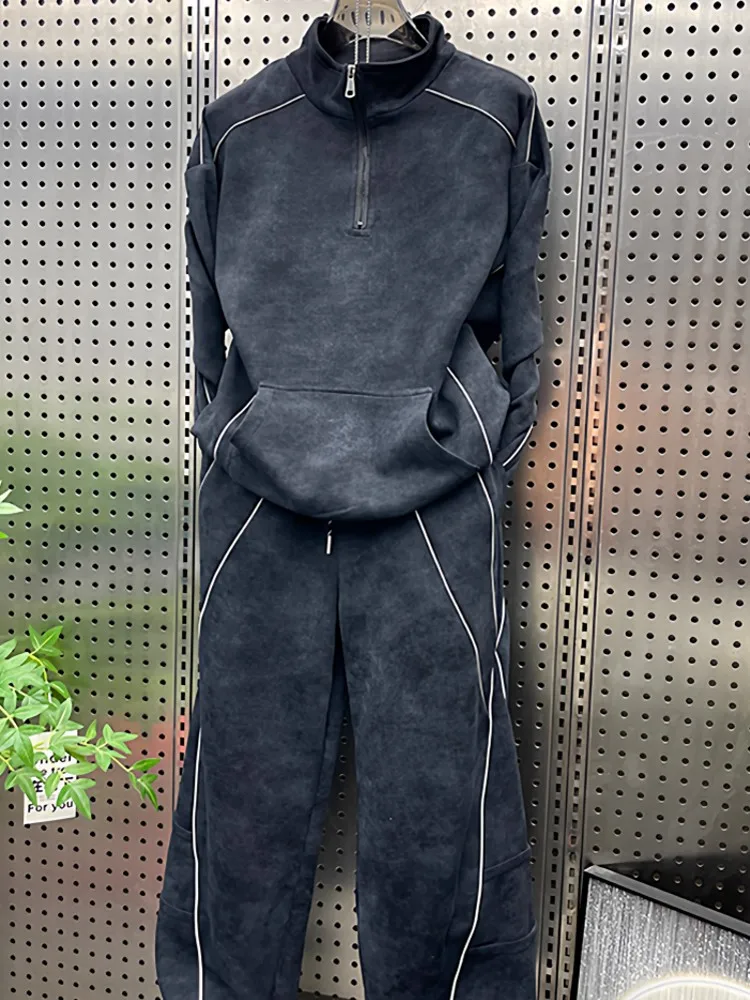 가을 남성 야외 러닝 세트 스탠드 칼라 스웨트셔츠 와이드 레그 팬츠 투피스 세트 조깅 트레이닝 트랙슈트 스포츠웨어 세트