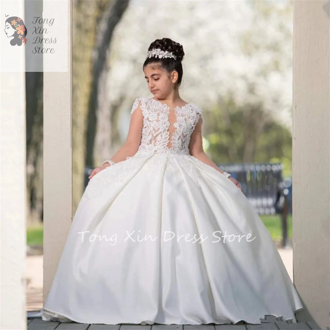 

Elegant White Long Sleeves Hollow Back Floor Length Flower Girl Dresses For Wedding Lace First Communion Dresses For 2-14 Years