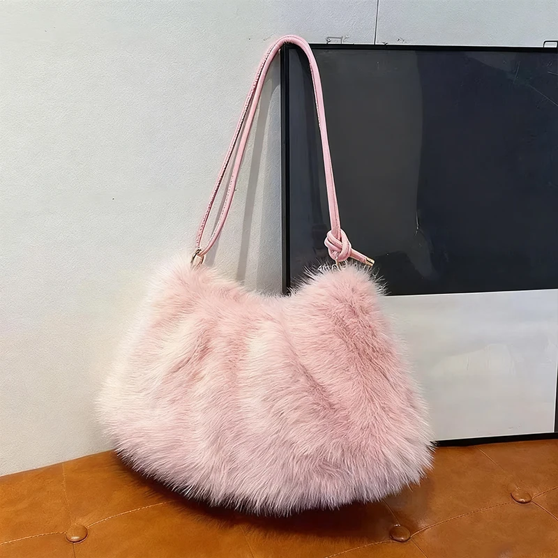 Women's Large Capacity Shoulder Bag Solid Color Plush Imitation Fur Handbag For Autumn And Winter Fashion