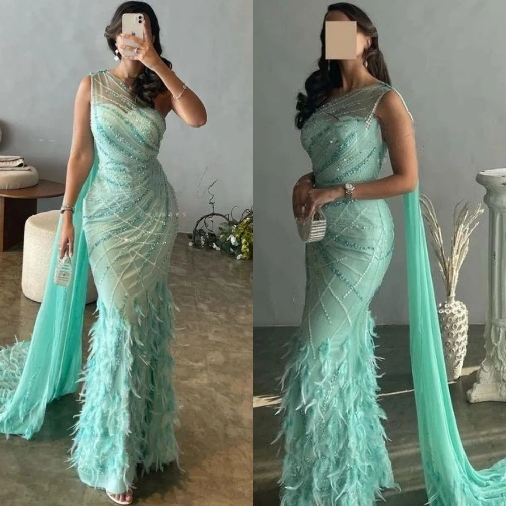 

Exquisite Intricate Asymmetrical One-Shoulder Mermaid Prom Dresses Formal Ocassion Gown Feathers Stole Satin robe femme soirée