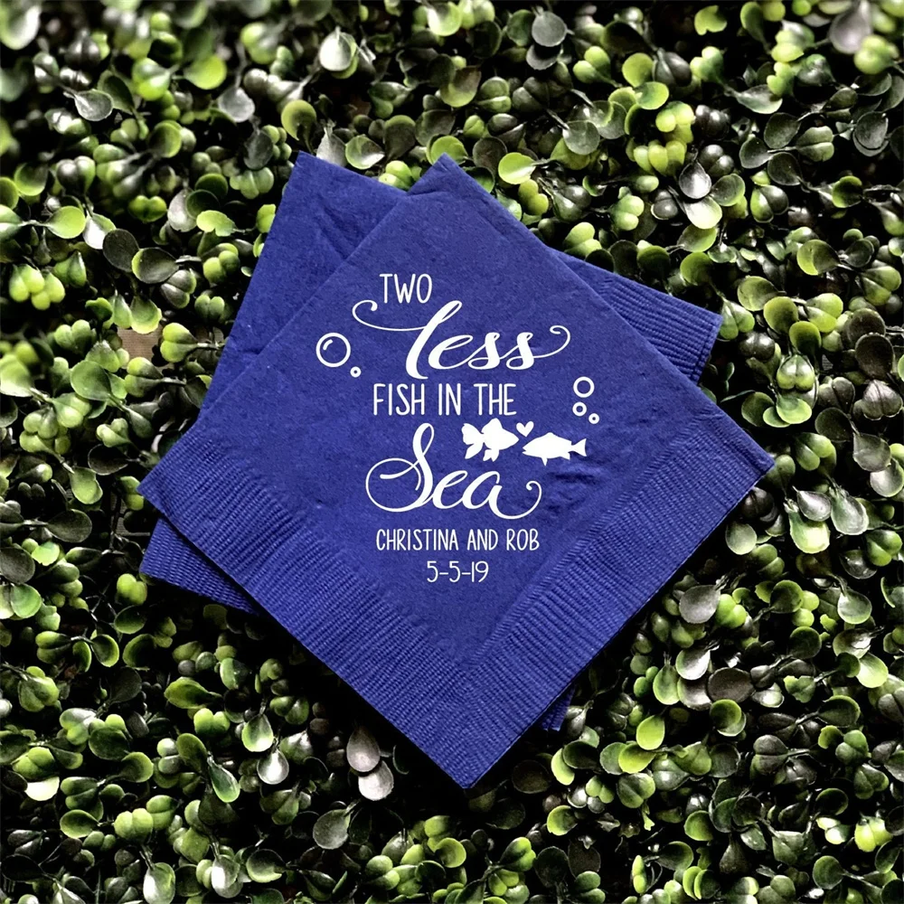 

50PCS Two Less Fish in the Sea Personalized Wedding Napkins, Rehearsal Dinner, Engagement Party, Custom Bar Napkins