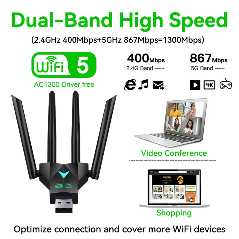 1300Mbps WiFi USB Adapter Dual Band 2.4G/5Ghz Wi-Fi Dongle USB3.0 High-Speed 802.11AC 4-Antennas Wireless Receiver Driver Free