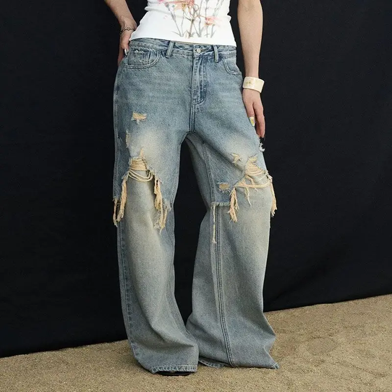 Jean tendance femme printemps-automne, style streetwear, avec empiècements, coupe ample décontractée, jambe large et droite