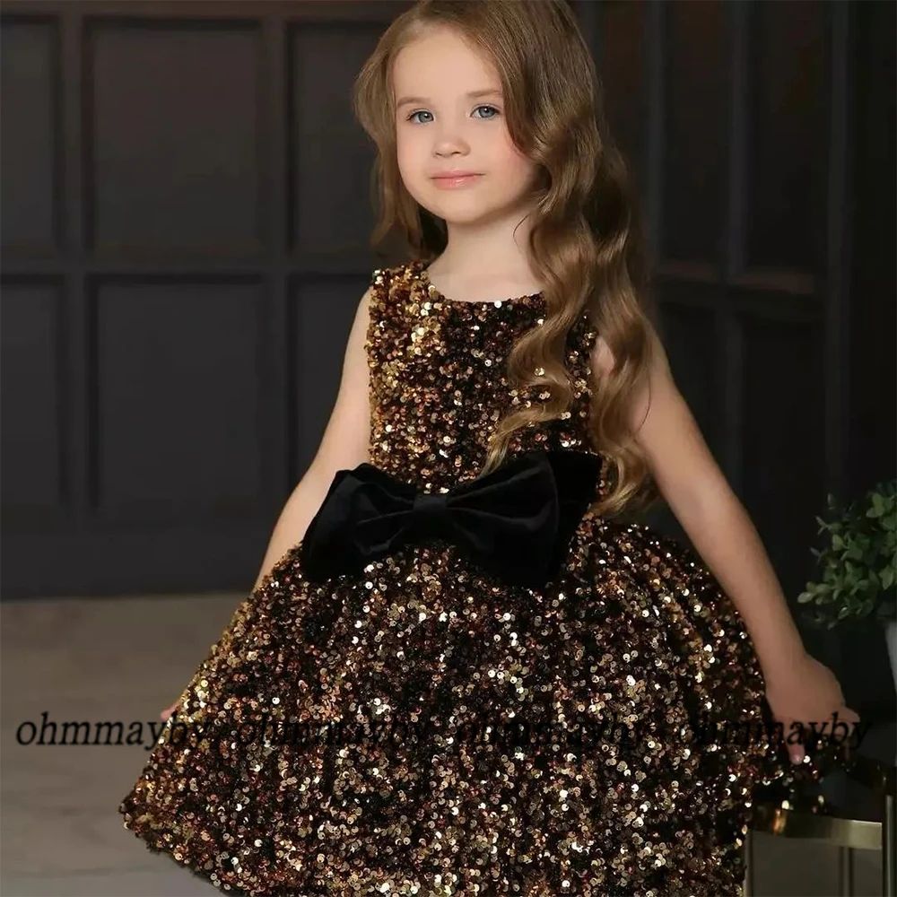 Lovely Sleeveless Child Wedding Dress Sequined for Christmas Knee Length Scoop 3~12 Princess Baby Birthday Dress Vestidos De