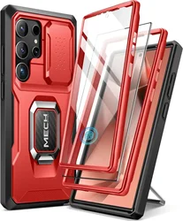 Samsung Phone Case with Built - in Slide Camera Cover and Ring Stand - Military Grade Rugged Shockproof Protection - Pc + tpu (Red)