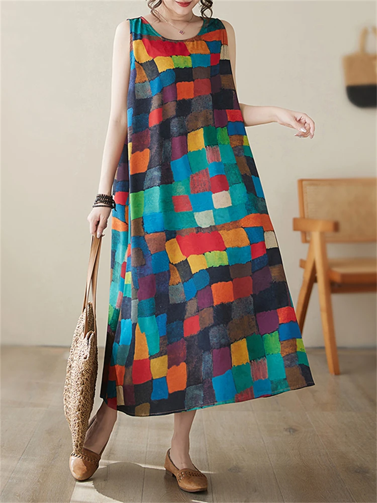 Cotton Sleeveless Vintage Dress Women 2025 Summer Casual Loose Long Dresses Holiday Beach Femme Robe Vestidos Fashion Clothing