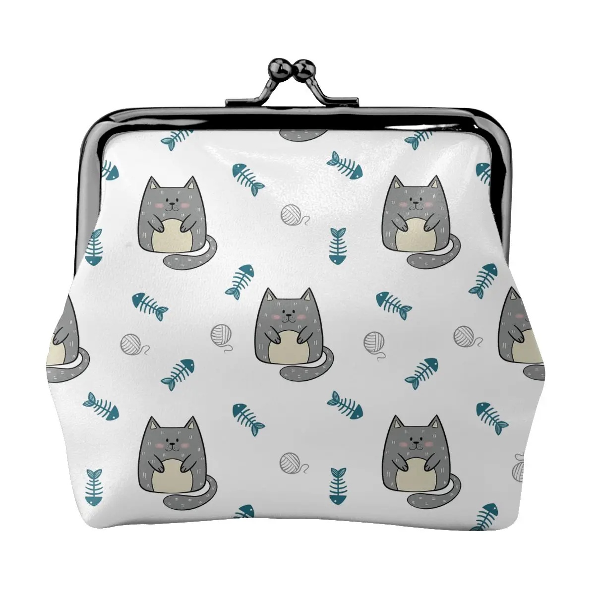 

Gray Cats With Fish Mini Small Wallet Change Bag Coin Purse Money Bag Key Earbuds Storage Bag