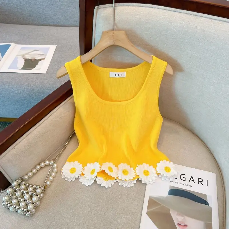 YellowStereoFlowerSlimKnitVestsWomenSleevelessCropTops2023