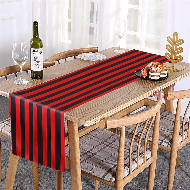 Description Picture 5 of itemClassic Black and White Striped Table Runner Elegant Polyester Wood GrainTable Decor for Indoor Outdoor Halloween Banquet Party