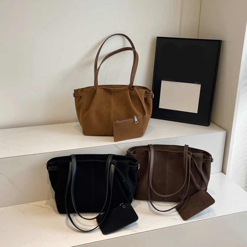 Suede Shoulder Bags for Women Large Suede Totes Lightweight Underarm Bag Casual Shopper Handbag Solid Color Travel Bucket Bags