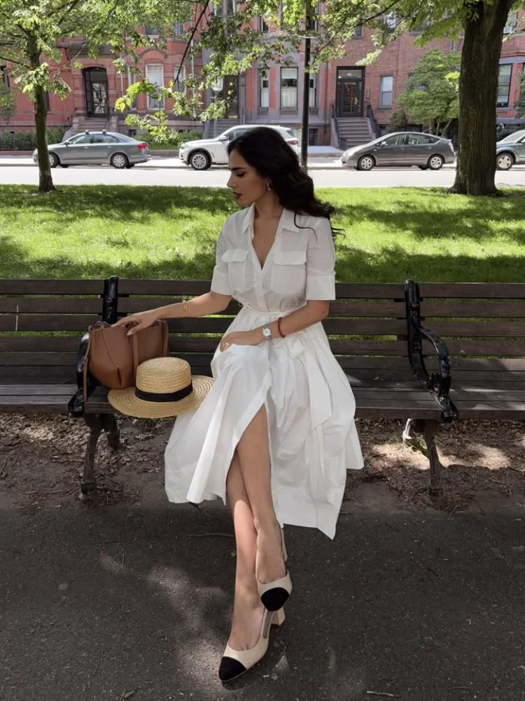 sachin and babi light blue dress Casual Shirt Dress Women Summer Lapel Pocket Short Sleeve Slim Waist Long  Dresses 2025 New Lady Fashion Office White Robe
