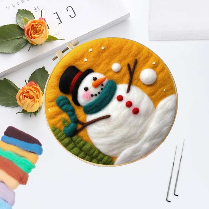 CHENISTORY Needle Felt Starter Set Snow Man Diy Falted Wool Art Embroidery Gift Wool Needle Felt Painting Tools Kit Diy Gift