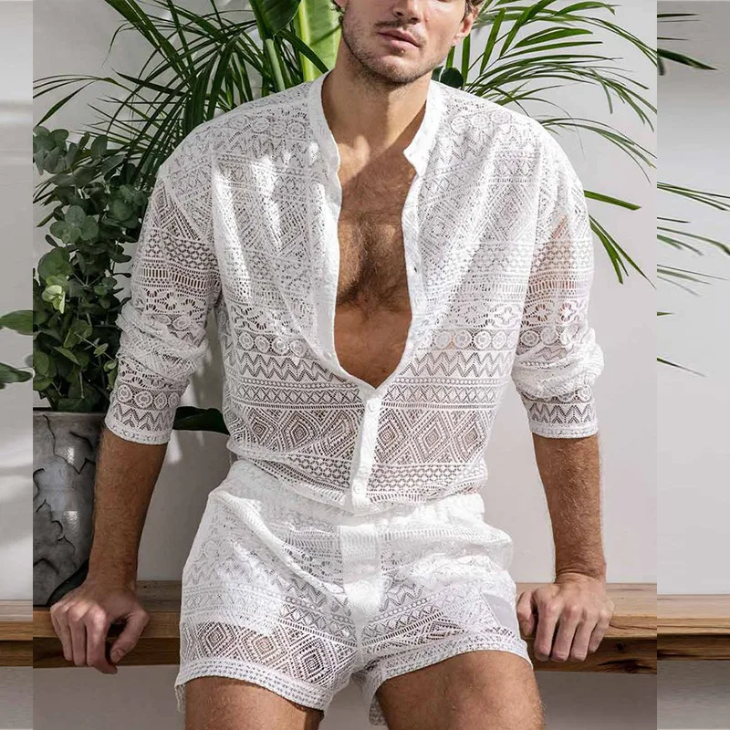 New Arrivals 2022 Men Set Summer Sexy See Through Lace Outfits Beach Fashion Short Sleeved Tops And Shorts Mens Two Piece Suits