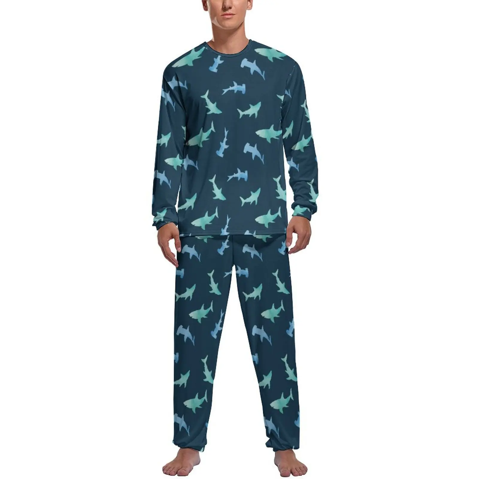 thumbnail image 1 of Pijama de tiburón abstracto de primavera de dos piezas con estampado animal colorido, conjunto de pijama cálido para hombre, ropa de dormir gráfica de manga larga para el hogar, 1 of 5