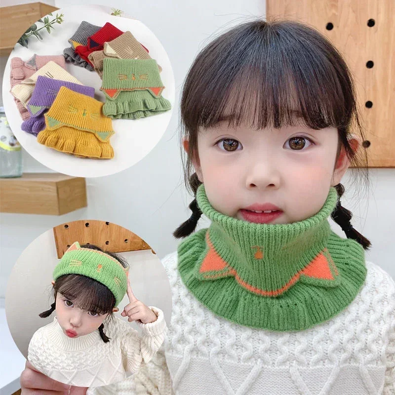 New Warmer Baby Knitted Scarf Cute Cartoon Cat Ruffle Neck Girls Kids Warm Collar Circle Outdoor Winter Scarf