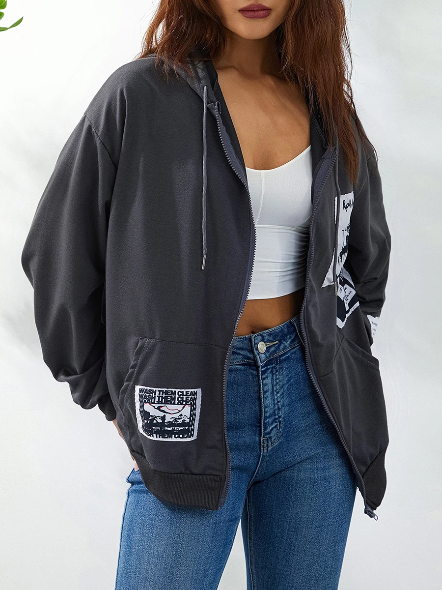 Stylish Women s Hooded Sweatshirt Featuring a Sleek Zipper Closure Trendy Letter Print Design and Relaxed Fit for Spring