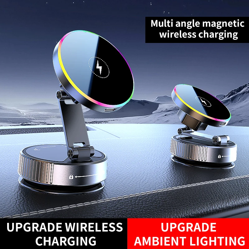 15W Wireless Car Charger with RGB Lighting and Vacuum Suction Cup