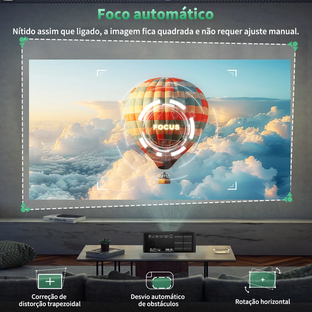 Projetor DESS Full HD 1080P Vídeo 4K Dual WiFi6 Autofoco Correção Keystone Espelhamento Android Projetor 3D Home Theater Cinema