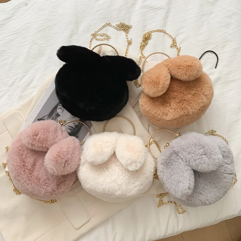 2022 Autumn Winter New Korean Style Women Portable Plush Bags Chain Lovely Rabbit Plush Shoulder Diagonal Bag All-match