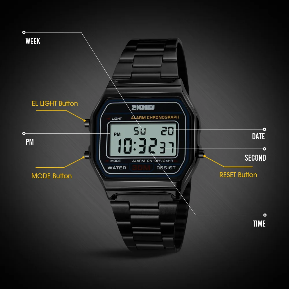 SKMEI Men Stainless Steel Strap LED Display Watches Fashion Casual Sport Watch 3Bar Waterproof Digital Wristwatch Reloj Hombre 5