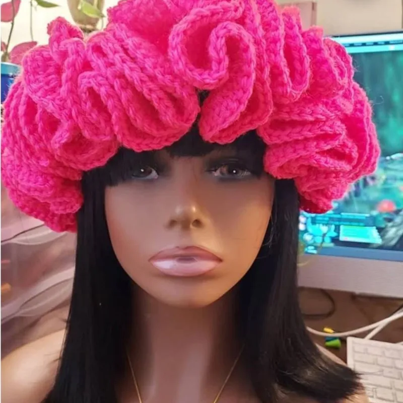 Handmade Knitting Pullover Hat Muli-color Lace Lotus Leaf Edge Woolen Hat Fashioable Street Style Hip-hop Hat 4