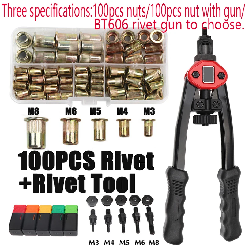 Rivet Nut Tool 100pcs Rivet Nut +Hand Threaded Rivet Nuts Gun BT606 M3 M4 M5 M6 M8 Double Insert Manual Riveter Gun Riveting Rivnut Tool