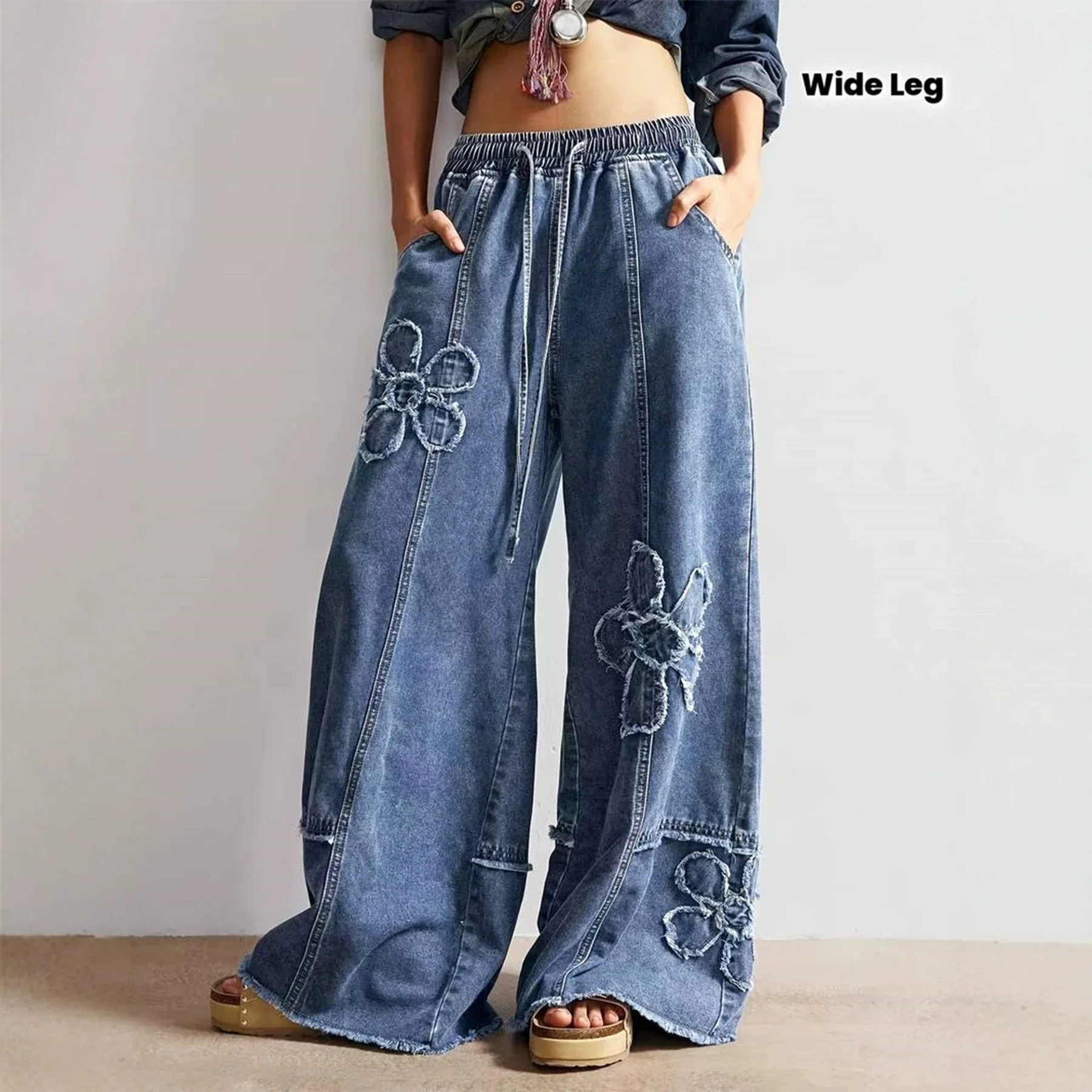 Jean en denim ample à jambe large pour femme, avec cordon de serrage à pampilles, taille élastique, patch brodé, coupe fluide et longueur au sol