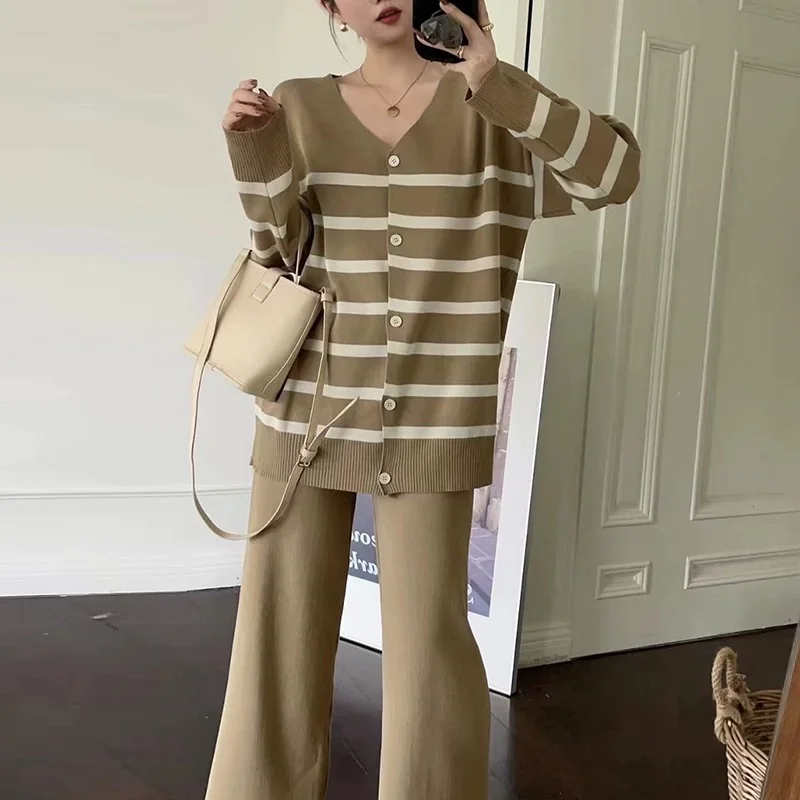 2023 New Vintage Loose 2 Pieces Sets Striped Knitted Cardigans With Wide Leg Pants Women Fall Winter Korean Fashion Elegant Suit