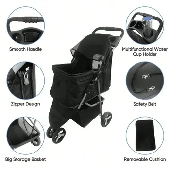 Foldable Pet Stroller 3 Wheels for Dogs Strolling Cart Carrier W/Storage Basket 2