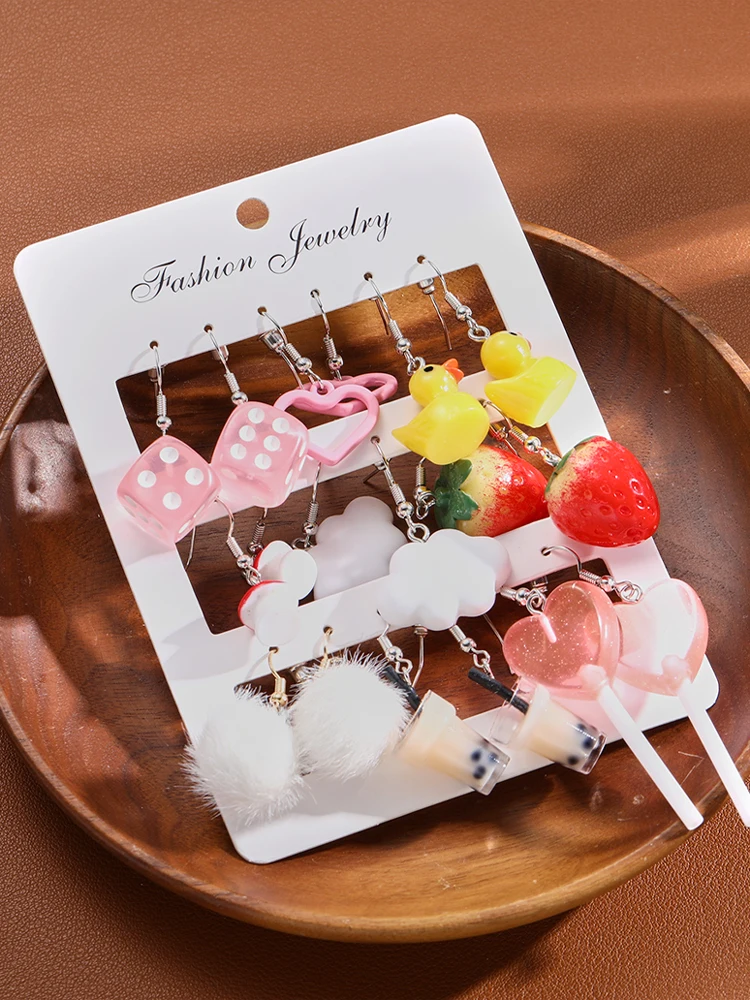 New Y2K Cartoon Animal Earrings Set For Women Girl Cute Colorful Geometric Acrylic Duck Love Drop Earrings Trendy Jewelry Gifts