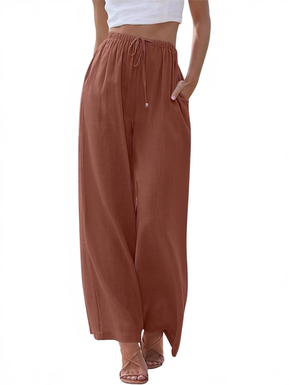 Women’s summer linen wide leg high waist drawstring casual palazzo pants with pockets brown