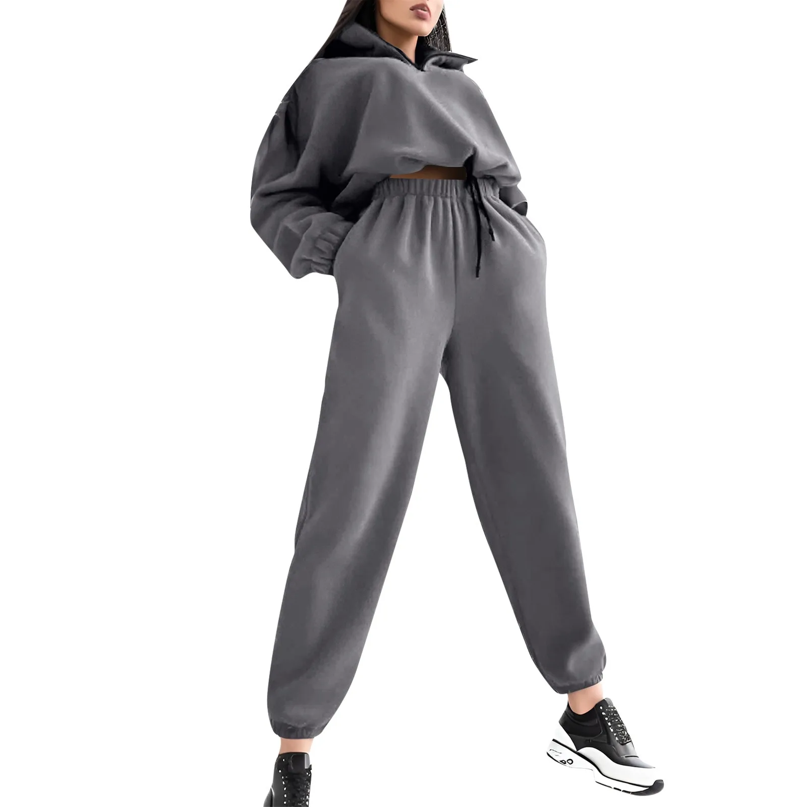 

Womens Oversized Two Piece Set Sweatshirt Loose Casual Loose Zippered Standing Neck Sweater Pants Autumn Winter Sweatshirt