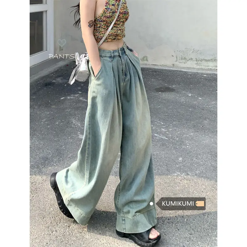 

Retro Distressed Loose Trousers Jeans Women's Summer American High Street Pants Wide-leg Pants High-waist Drape Mopping Pants