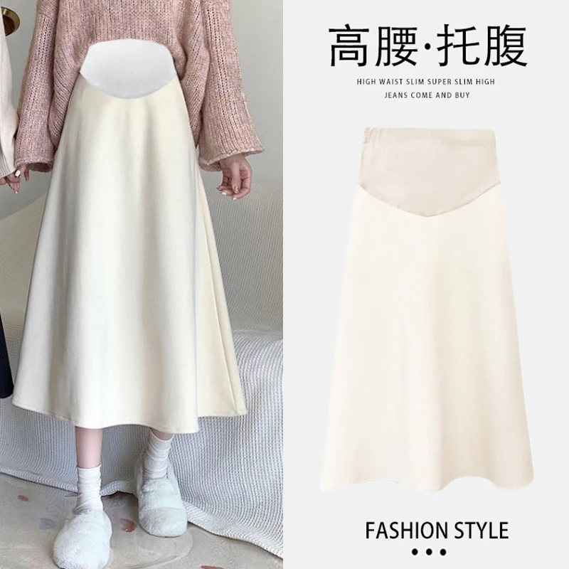 Woolen Maternity Skirts Autumn Winter Casual Warm Elastic Waist Belly Bottoms Clothes for Pregnant Women A Line Loose Pregnancy