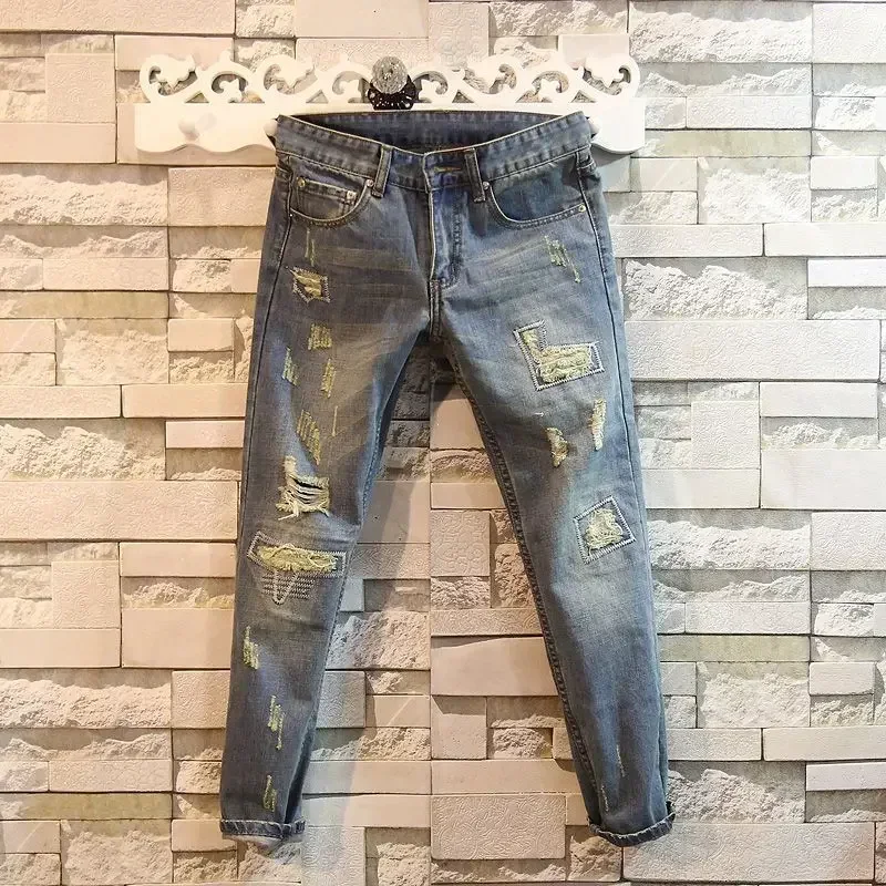 Pantalones vaqueros para hombre, pantalones cortos con agujeros, pantalones vaqueros para hombre, ajustados, ajustados, rotos, ajustados, desgarrados, otoño 2024, denim coreano