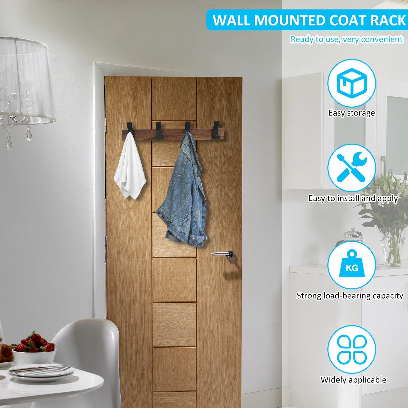 4Pcs Walnut Wood Coat Hooks Multi-purpose Wall-Mount Behind-door