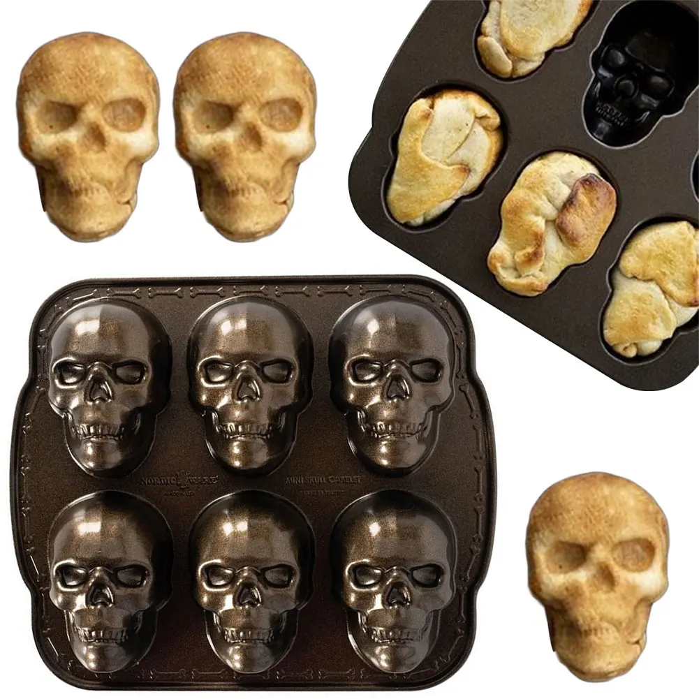 Halloween Skull Cake Pan Molds 6 Cavity 3D Skull Mold Non-Stick Skeleton Chocolate Molds Stainless Steel for Home Kitchen