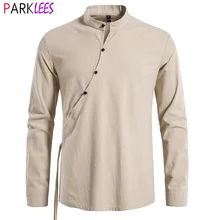 

Mens Vintage Oblique Placket Cotton Linen Shirt Banded Collar Long Sleeve Medieval Gothic Renaissance Shirts Chemise Homme 2XL