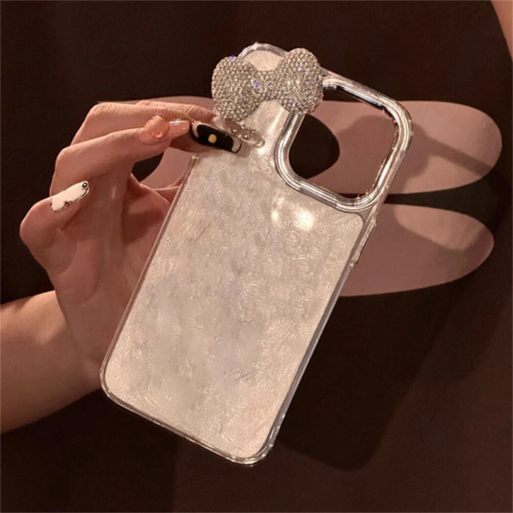 Custodia IPhone 14 Pro Max Con Fiocco 3D E Diamanti, Design Ondulato Riccio, Morbida Antiurto, Trasparente, Rosa - 2