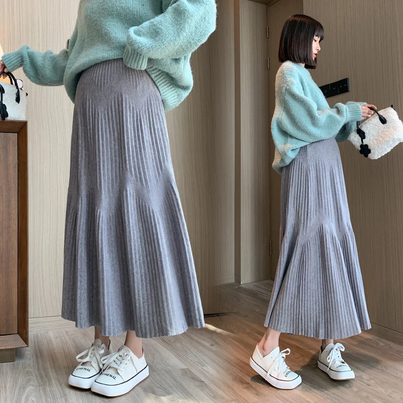 Fashion Winter Maternity Knitted Skirts Tall Waist V Striped Patchwork Pregnant Woman Umbrella Skirt Plus Size Pregnancy Clothes