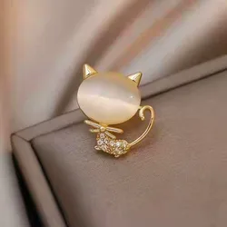 Cute Cat Brooches Temperament Opal Brooch Pin Chic Crystal Lapel Pin Collar Button Party Dress Suit Women Protection Buckle