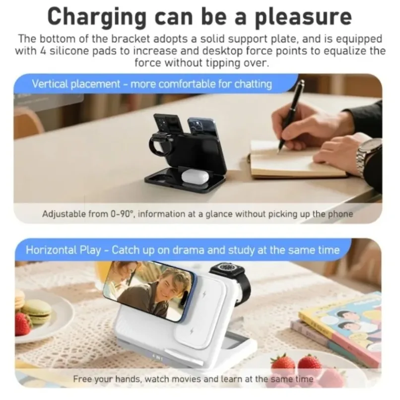 MagSafe 4 In 1 듀얼 폰 무선 충전기 스탠드 iPhone iWatch AirPods용 고속 충전 스테이션 사무실 충전 액세서리