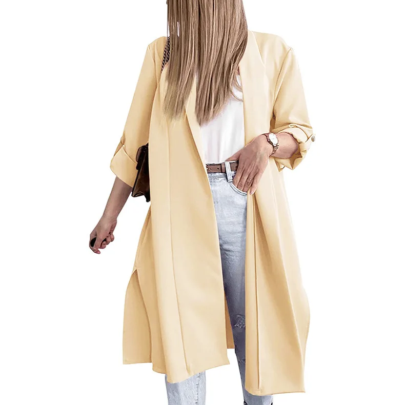 Autumn and Winter New Style Women's Cardigan 3/4 Sleeve Lapel Front Split Long Coat Windbreaker Women Female Fashion Coats Lady