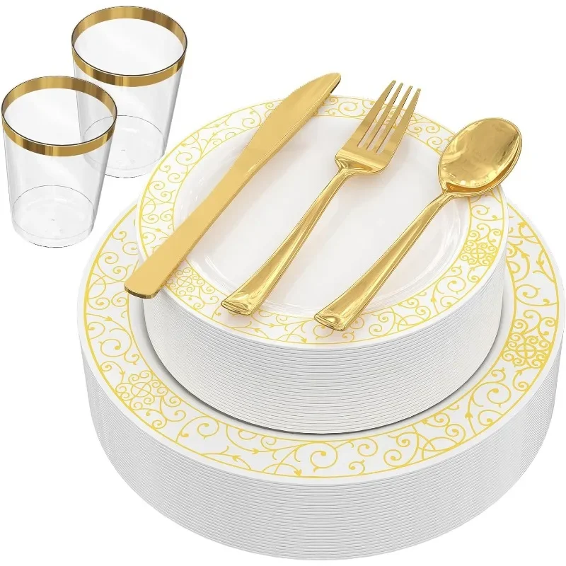 150 Pieces Disposable Plates Plastic Dinnerware Set for 25 Guests: Dinner Plates, Dessert Plates, Forks, Spoons, Knives, Cups