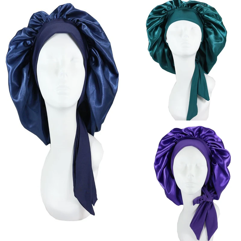 Women Big Size  Satin Cap for Sleeping Hat Night Sleep Cap Hair Care Silk Bonet Stain Hair Cap for Women Curly Springy Hair 2