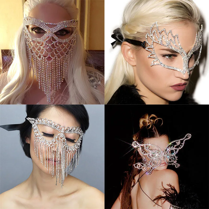 Sparkly Rhinestones Face Masks Crystal Mesh Mask Shine Masquerade Mask  Halloween Party Rave Festival