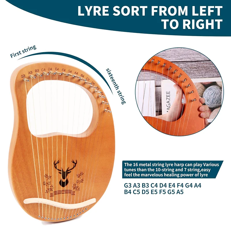 16 Strings Lyre Harp Mahogany Wood Harp Piano Stringed Musical Instrument With Portable Bag Tuning Wrench Spare Strings